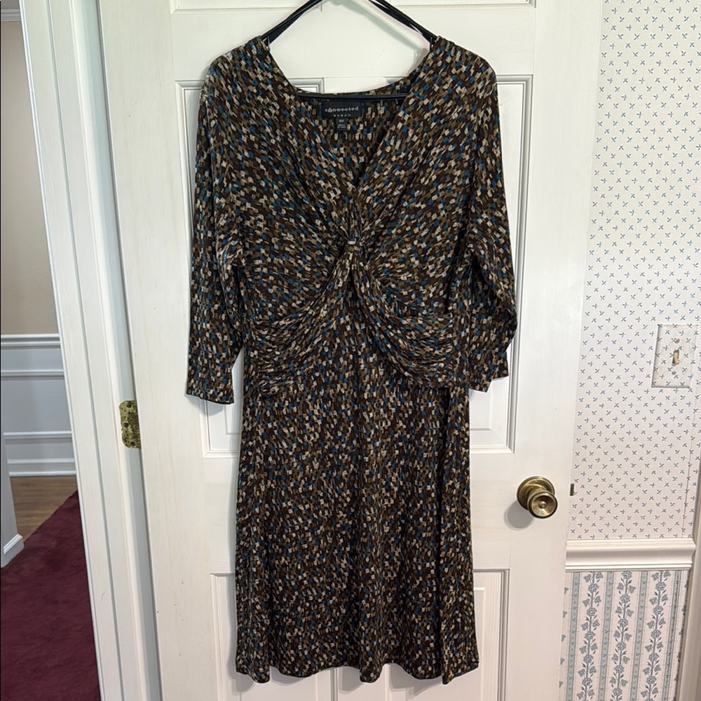 Brown and Tan A-line Wrap Dress with V-neck